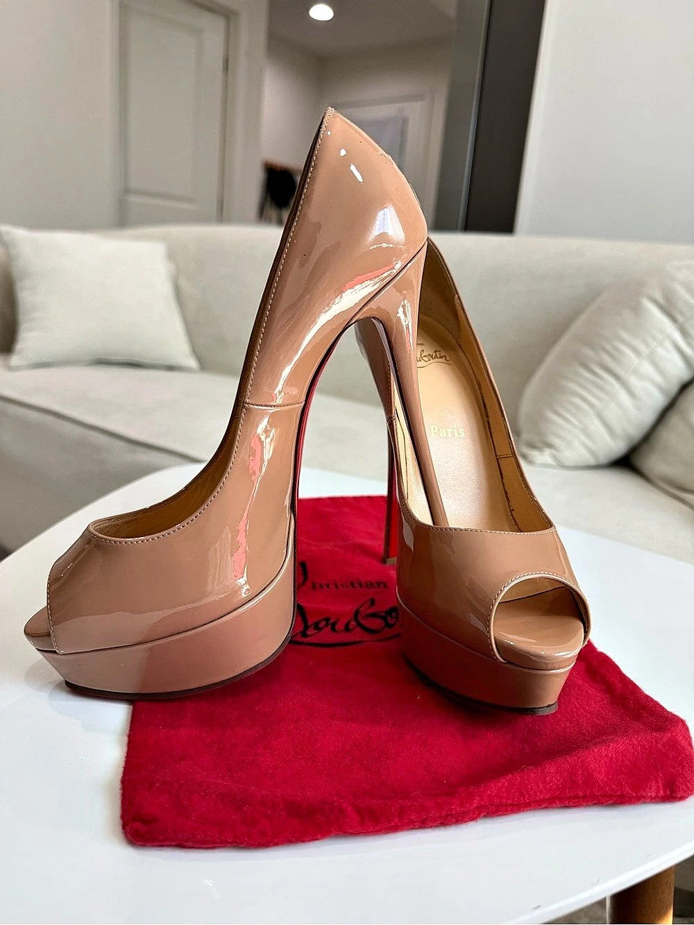 Authentic** Christian Louboutin Lady Peep 150 Nude Patent Platform Pumps EU 38